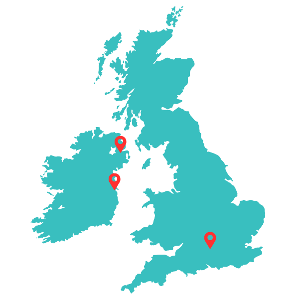 A teal map with red pins on the locations of Belfast, Dublin and Reading